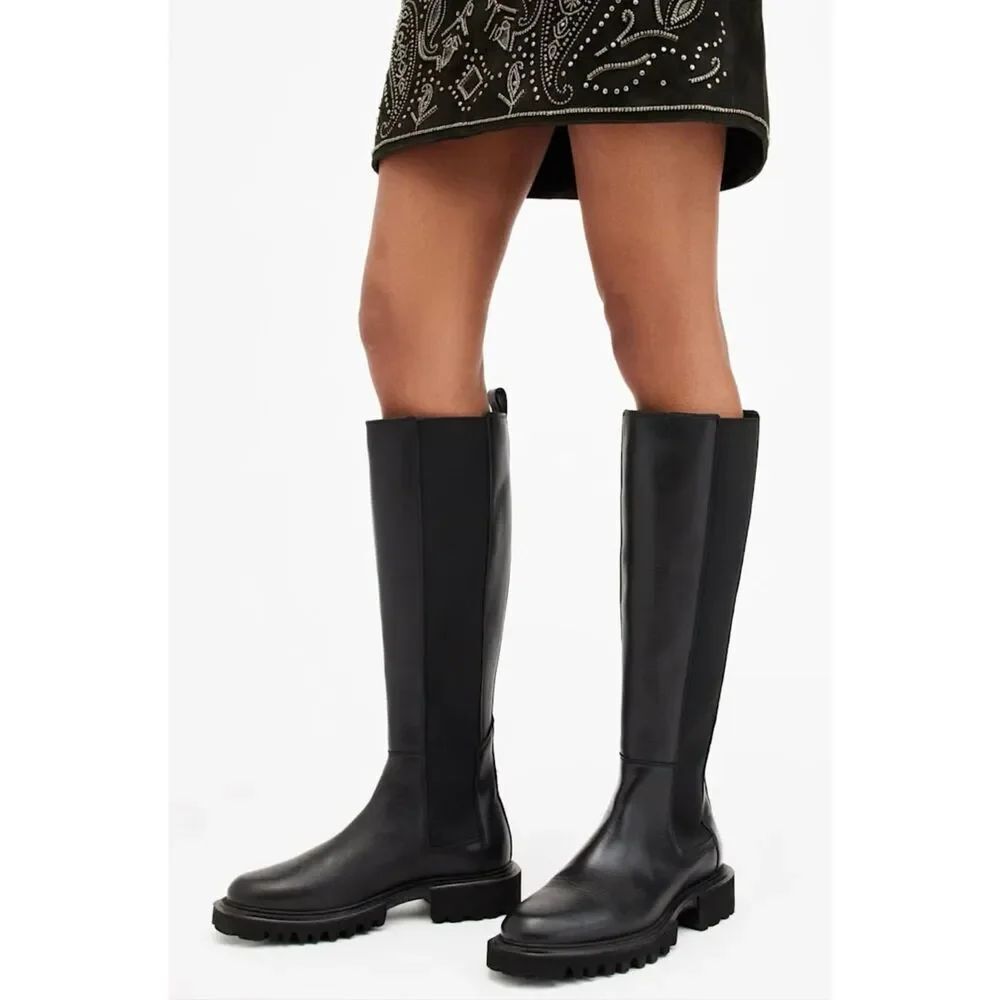 NWOB AllSaints Maeve Knee High Chelsea Boots Black Size 6 Lug Sole, $430